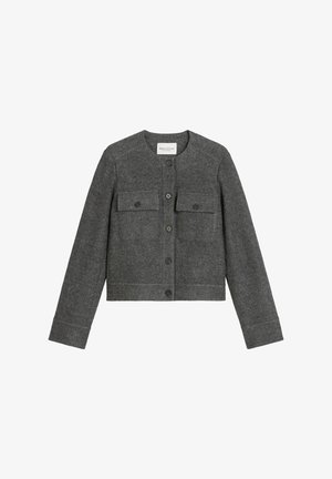 Gray cropped jacket made of wool blend, featuring a round neckline, button front, two chest pockets, and long sleeves with a smooth texture.