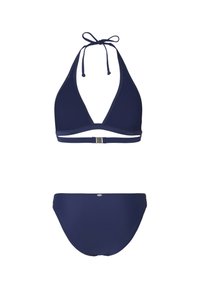 Completo bikini blu navy caratterizzato da un top halter triangolare con regolazione a lacci e un fondo coordinato. Texture liscia e design minimalista con un accento in argento.