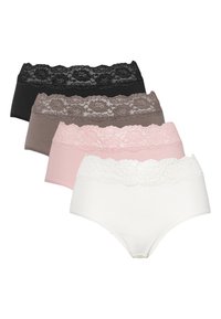 Baumwoll-Shorty-Set in vier Farben: Schwarz, Braun, Pink und Weiß, mit einem floralen Spitzenbund und glatter Oberfläche.