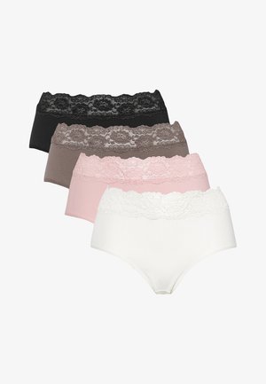 Puuvillatrikooalussetti neljässä värissä: musta, ruskea, vaaleanpunainen ja valkoinen, jossa on kukkakuvioinen pitsivyötärö ja sileä pinta.