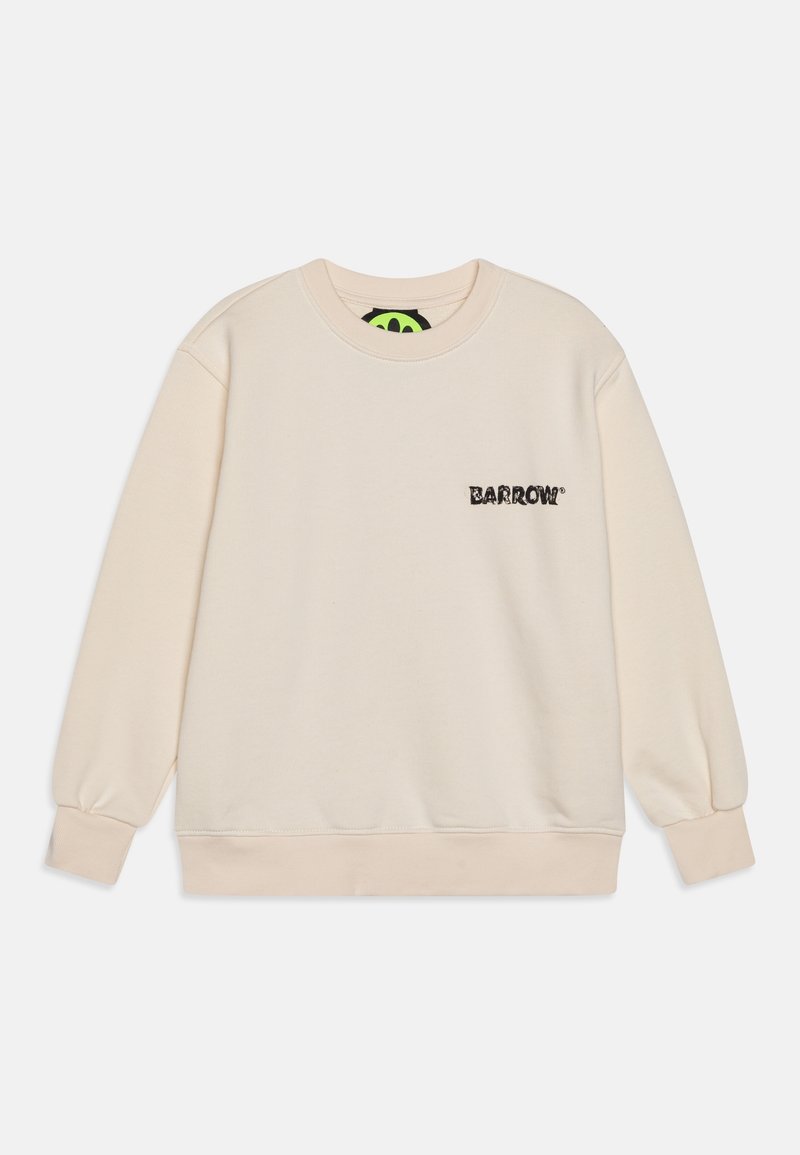 Sudadera crema de manga larga, con puños y dobladillo acanalados. Presenta el logotipo bordado "BARROW" en negro en el lado izquierdo del pecho. Textura suave.