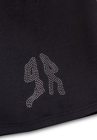 Camisa de algodón negra con un diseño de rhinestones reflectantes dispuestos en un patrón que asemeja dos figuras en el frontal.