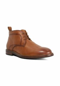 Brown leather ankle boot with round toe, upright collar, and lacing, featuring a smooth texture and a low stacked heel.