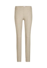 Beige en lichtblauwe slim-fit broek met een klein geometrisch herhalend patroon en een elastische tailleband.