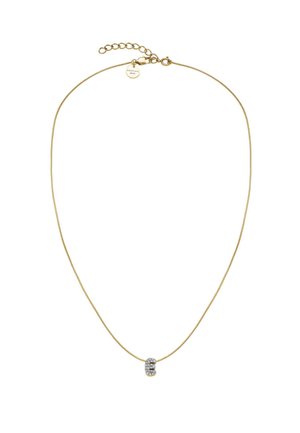 Złototona naszyjnik z gładkim, cienkim łańcuszkiem i centralnym wisiorkiem ozdobionym rzędem małych, przezroczystych kamieni. Regulowana długość z zapięciem.