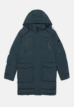 Dunkelblaue Daunenjacke mit Kapuze, doppelten Seiten- und Brustreißverschlusstaschen, Druckknöpfen und einem gesteppten Design. Leicht und isoliert.