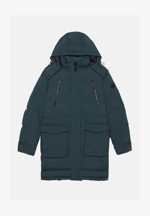 Dunkelblaue Daunenjacke mit Kapuze, doppelten Seiten- und Brustreißverschlusstaschen, Druckknöpfen und einem gesteppten Design. Leicht und isoliert.