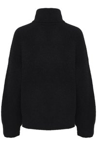 Black knit sweater with a high collar, oversized fit, and drop shoulder sleeves. Soft texture with a ribbed pattern throughout.