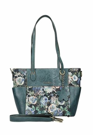 Türkistote mit floralen Stoffpaneelen, zwei Schulterriemen, einem abnehmbaren längeren Riemen und einem blumenförmigen Anhänger, der an einem Ring hängt.
