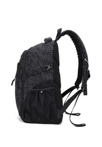 Zaino nero con un motivo geometrico, dotato di padding in rete sulle spalline, due tasche laterali e fibbie regolabili per una vestibilità sicura.