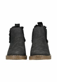 Black ankle boots featuring a smooth faux leather upper, textured black fur accents, elastic side panels, and a rugged, brown rubber sole.