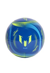 Blauwe voetbal met gele en groene accenten, gladde vinyloppervlakte met golvende patronen, en een opvallend logo, traditioneel gevormd.