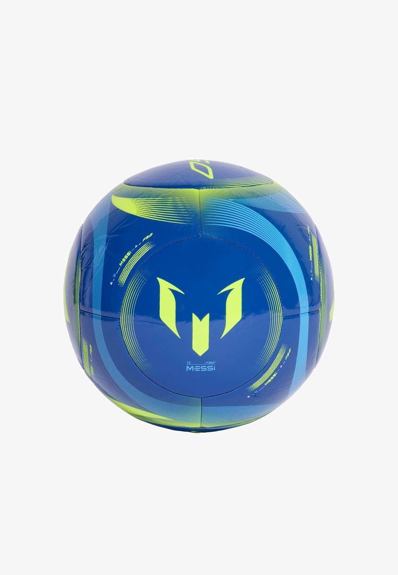 Niebieska piłka nożna z żółtymi i zielonymi akcentami, gładka winylowa powierzchnia z falistymi wzorami oraz wyraźnym logo, w tradycyjnym kształcie.