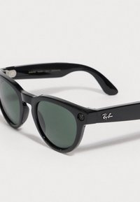 Occhiali da sole di plastica nera con lenti verde scuro, forma rotonda e dettagli in metallo. Logo stampato sul lato. Senza motivi o texture visibili.