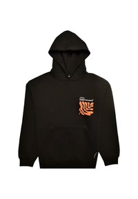 Černá mikina s kapucí a přední kapsou, s oranžovým motivem listu a textem na levé části hrudi. Měkká textilie.