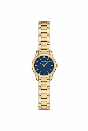 Orologio con bracciale in metallo dorato, quadrante tondo blu, indici dorati e logo Tory Burch alle 12.