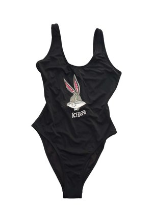 Costume da bagno intero nero con il volto di Bugs Bunny e testo "ICEBERG" stampato sul davanti.