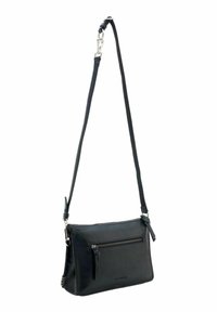 Sac en cuir noir à porter en bandoulière, à la forme rectangulaire élégante, avec une sangle réglable et une poche zippée à l'avant. Texture lisse avec un minimum de quincaillerie.