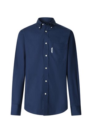 Marineblauw overhemd met lange mouwen, knoopsluiting, button-down kraag, borstzak aan de linkerkant en witte knopen aan de voorkant.