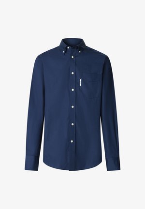 Marineblauw overhemd met lange mouwen, knoopsluiting, button-down kraag, borstzak aan de linkerkant en witte knopen aan de voorkant.