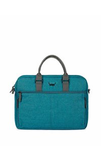 Taschencomputer aus tealfarbenem Stoff mit grauen Akzenten, doppelten Obergriffen, einer vorderen Reißverschlusstasche und einem eingeprägten Logo. Glatte Textur mit einem strukturierten Design.