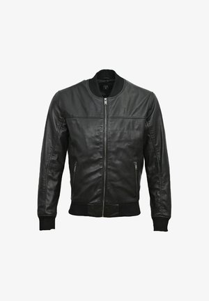 Schwarze Leder-Bomberjacke mit rundem Kragen, Reißverschlussfront und gerippten Bündchen sowie Saum. Verfügt über zwei Reißverschlusstaschen an den Seiten.