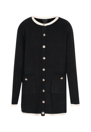Schwarze Strickjacke mit rundem Halsausschnitt, cremefarbenen Abschlüssen und zwei vorderen Taschen. Verfügt über goldene Knöpfe vorne und ein strukturiertes Strickdesign.