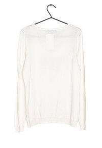 Maglione leggero a maniche lunghe di colore avorio, realizzato in morbido tessuto a maglia. Presenta un collo rotondo e una linea rettilinea con orlo a costine.