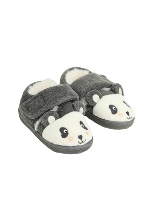 Pantofole per bambini a tema panda grigie e bianche, realizzate in un morbido tessuto testurizzato, con cinturini in velcro e dettagli ricamati sul viso.