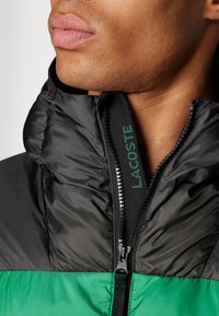Chaqueta acolchada negra y verde con un alto cuello, que presenta un cierre frontal y el logo en verde "LACOSTE" en el cuello. Tela texturizada visible.