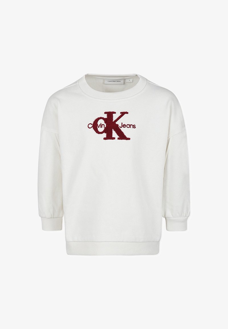 Sweatshirt blanc Calvin Klein avec logo "cK Calvin Jeans" bordeaux centré sur le devant, col, poignets et ourlet côtelés.