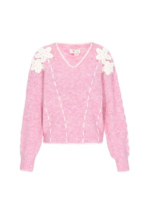 Rosa gestrickter Pullover mit V-Ausschnitt, der weiße florale Akzente an den Schultern und weiße gestichelte Nähte entlang des Körpers aufweist.