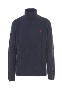 Maglione a collo alto in maglia a trecce blu navy con polsini e orlo a coste, caratterizzato da un piccolo logo rosso ricamato sul petto.