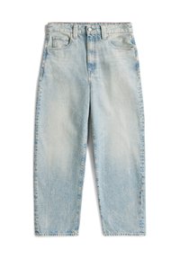 Light blue denim jeans with a high waist, straight leg design, faded texture, and five pockets, featuring a front button and zipper closure.