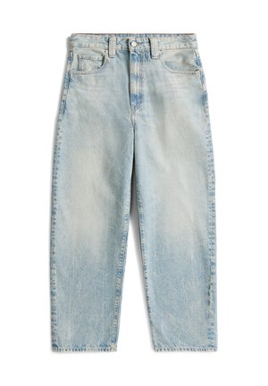 Jean en denim bleu clair avec une taille haute, une coupe droite, une texture délavée et cinq poches, avec un bouton avant et une fermeture éclair.