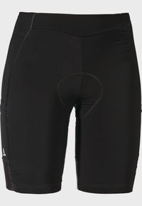 Schwarze Fahrradhose aus dehnbarem Material, mit gepolstertem Bereich, flachen Nähten und glatter Textur. Entwickelt für Komfort und Flexibilität.