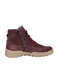 Burgunderfarbene Wildleder-Stiefeletten mit dunklen Schnürsenkeln, seitlichem Reißverschluss und grauem Fellfutter. Sie haben eine strukturierte beige Gummisohle.