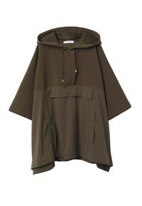 Poncho à capuche surdimensionné en vert olive foncé, avec une partie supérieure texturée, une section inférieure lisse, des poches avant et une capuche à cordon de serrage.
