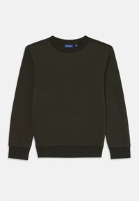 Mørkegrønn sweatshirt med lange ermer, rund hals og ribbestrikkede mansjetter. Glatt stofftekstur, minimalistisk design, ingen synlige mønstre eller detaljer.