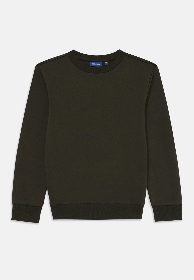 Mørkegrønn sweatshirt med lange ermer, rund hals og ribbestrikkede mansjetter. Glatt stofftekstur, minimalistisk design, ingen synlige mønstre eller detaljer.