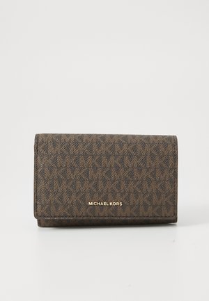 Brown patterned wallet made of synthetic material, featuring a textured surface and gold "MICHAEL KORS" logo accent. Fold-over design.