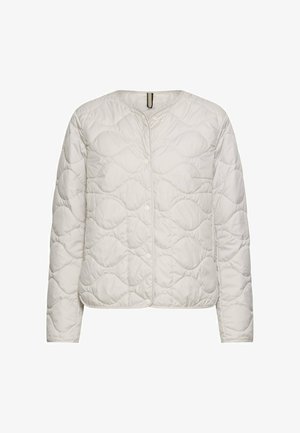 Light grey quilted jacket with a round neckline, featuring a snap button closure and soft, textured fabric. Design includes wave-like patterns.