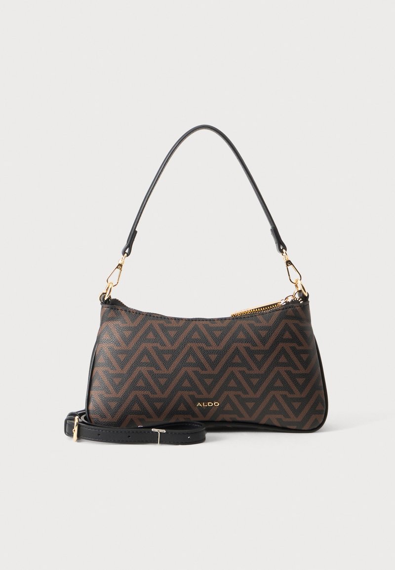 Sac à main Aldo marron et noir à motifs, avec poignée supérieure et bandoulière amovible, fermeture éclair dorée et accessoires métalliques.