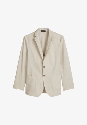 Blazer beige à simple boutonnage avec col cranté, deux poches plaquées à l'avant et deux boutons marron, présenté sur fond blanc.
