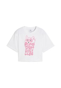 Balta cropped t-krekls ar rozā pūces grafiku un tekstu "PUMA SPORT GIRLS CLUB." Īsas piedurknes un brīvs piegriezums.