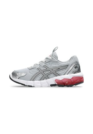 Light gray running shoe with black and silver details, white sole, and red gel cushioning in the heel area.