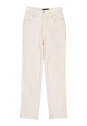 Pantalones blancos de pierna recta con bolsillos delanteros, trabillas para cinturón y cierre de botón en la cintura, mostrados planos sobre un fondo blanco.