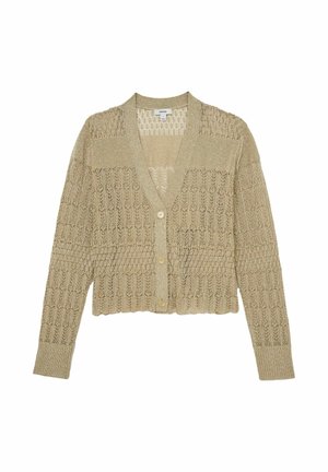 Cardigan tricoté marron clair avec manches longues, col en V et trois boutons devant, présentant un motif ajouré texturé.