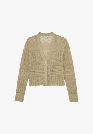 Hellbrauner gestrickter Cardigan mit langen Ärmeln, V-Ausschnitt und drei Knöpfen vorne, mit einem strukturierten Lochmuster.