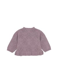 Lila gestrickter Pullover mit Blumenmuster, gerippten Bündchen und Saum sowie rundem Halsausschnitt. Verfügt über Durchbrüche im gesamten Stoff.
